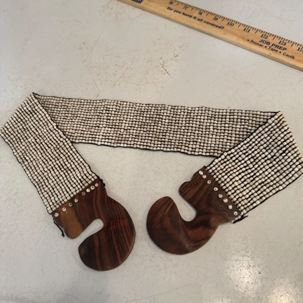 Beaded Waist Belt Women Medium Cream Brown Wood Buckle Boho Tribal Handcrafted